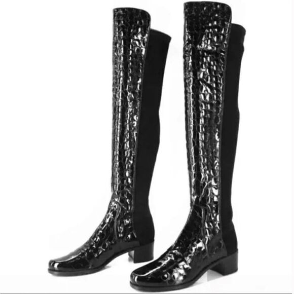 Stuart Weitzman Shoes - Stuart Weitzman Croc embossed leather 5050 black boots with mid heel size 6.5